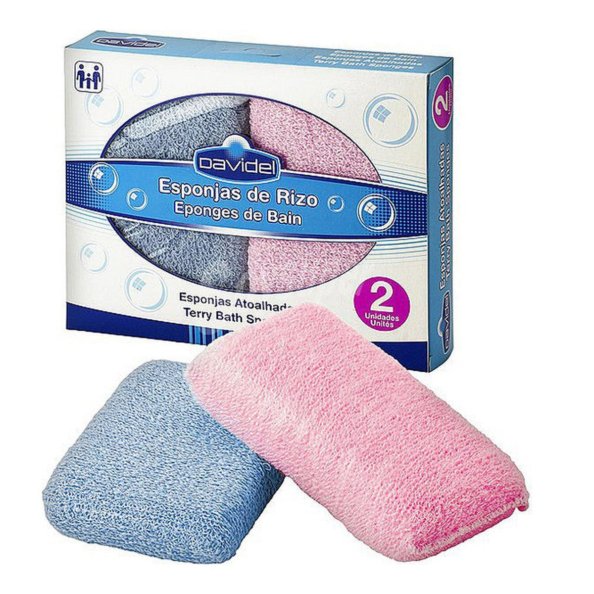 Davidel terry bath sponges 2-pack, pink and blue, box on white