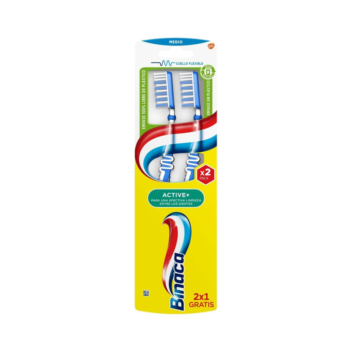 Binaca Active+ medium toothbrushes plastic-free 2-pack on white background