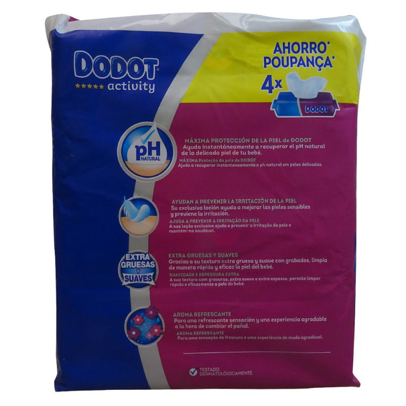 Dodot Activity 216 wipes pack back with pH, texture and scent claims