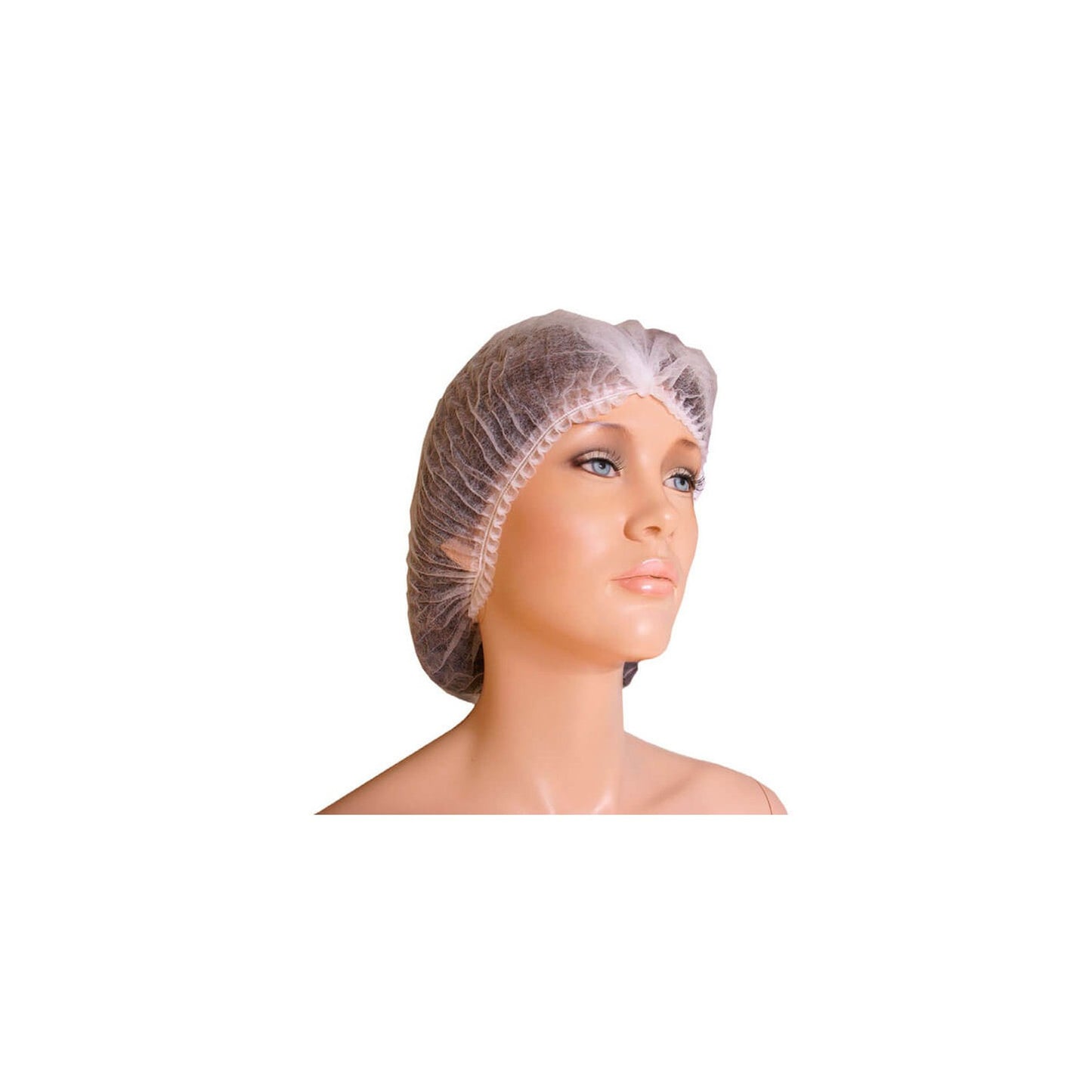 Eurostil disposable white bouffant cap on mannequin, full view