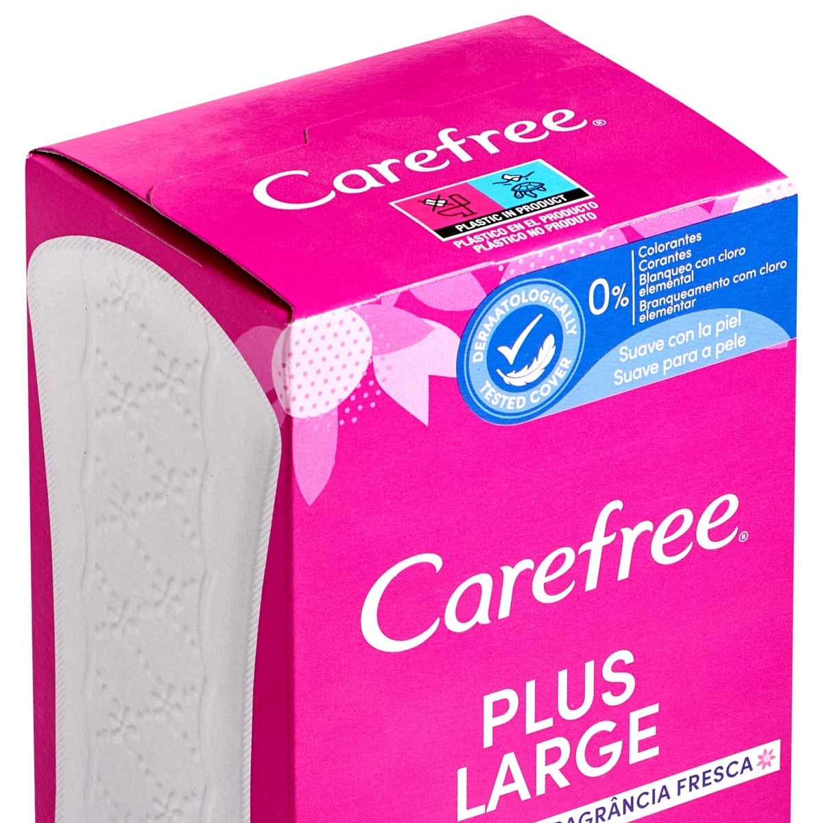Carefree Plus Large 36 panty liner pack detail with Soft Touch liner graphic