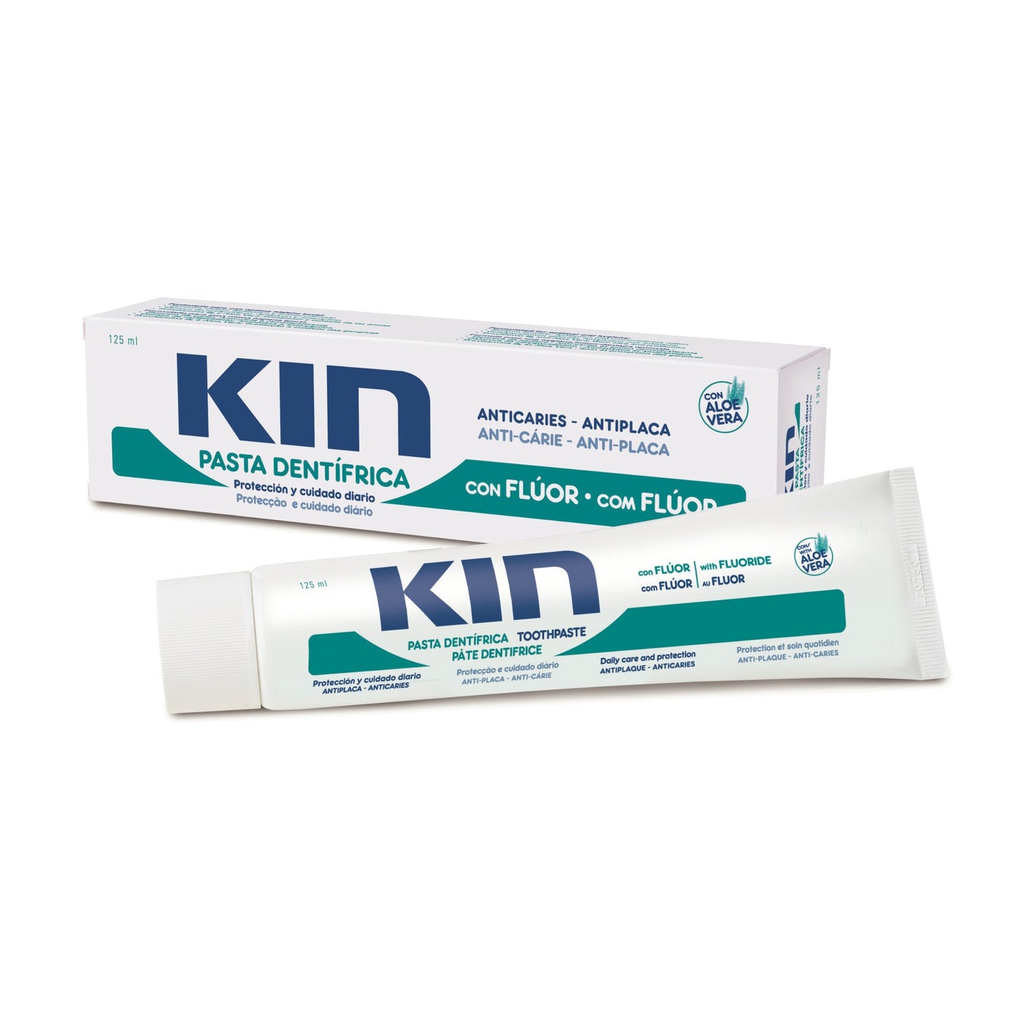 Kin fluoride toothpaste 125 ml tube and box on white background