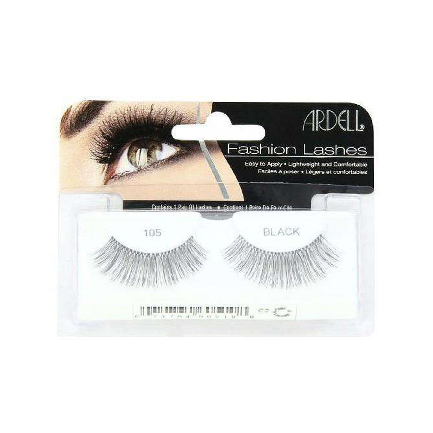 Ardell Fashion Lashes 105 Black retail pack with barcode 074764605108