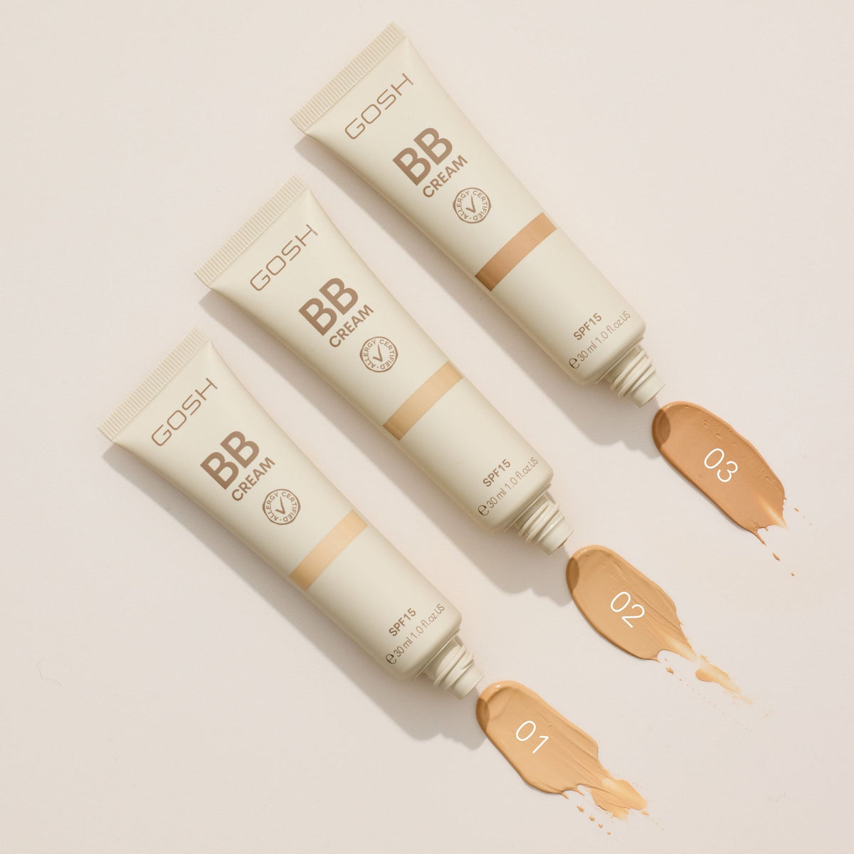 GOSH BB Cream SPF 15 shade range 01 02 03