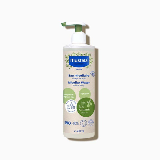 Mustela Bio organic micellar water 400 ml pump bottle on white background