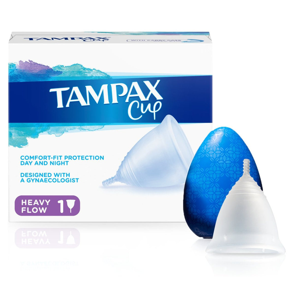 Tampax Cup Heavy Flow silicone cup, blue carry case and box on white
