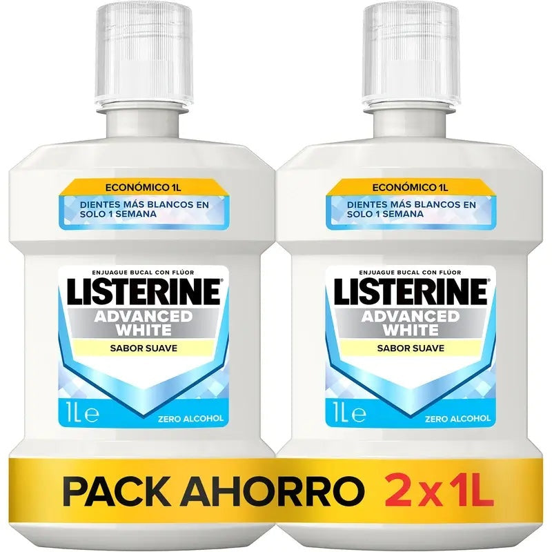 Listerine Advanced White Milder Taste alcohol-free mouthwash 2 x 1 L pack on white background