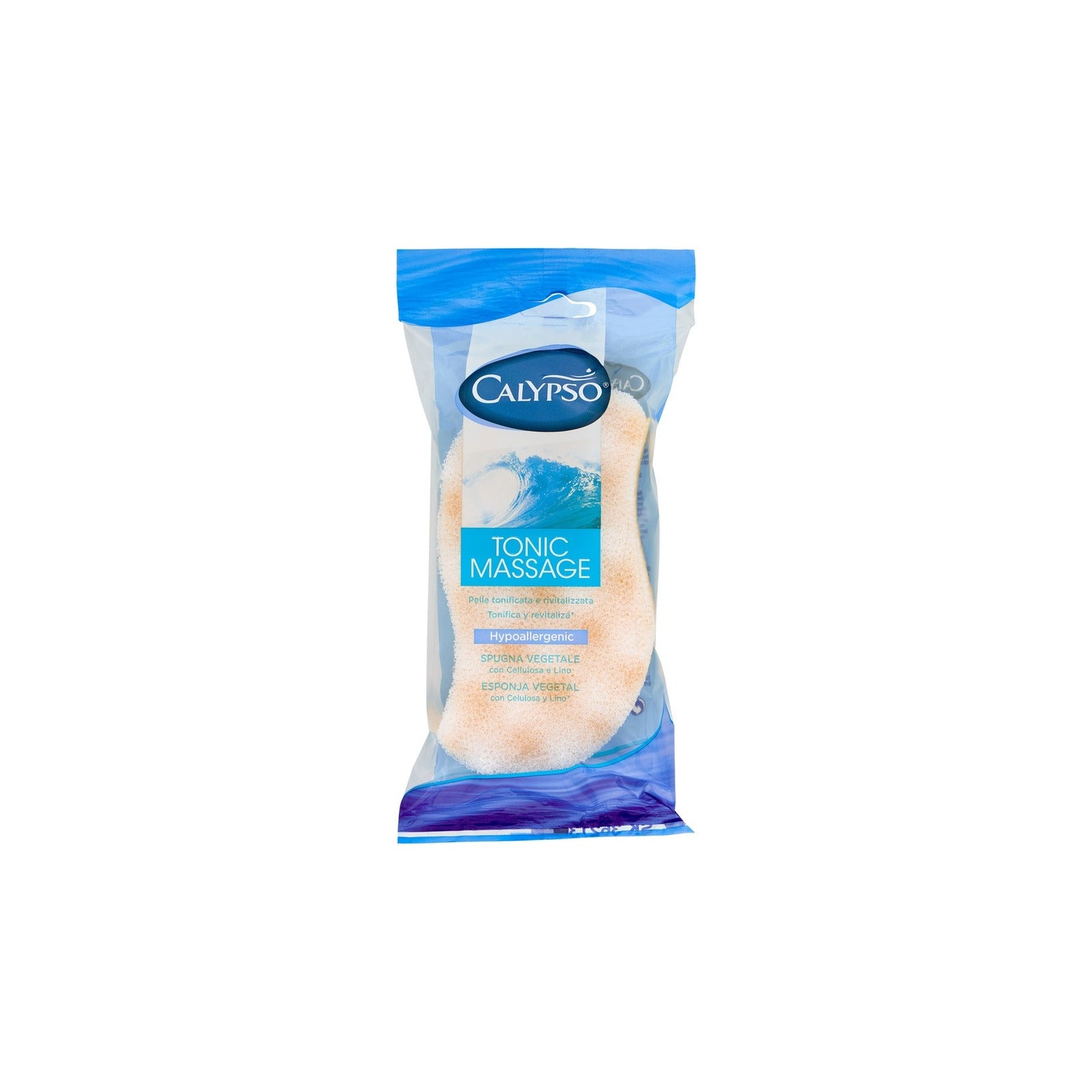 Calypso Tonic Massage vegetable body sponge, front pack on white background