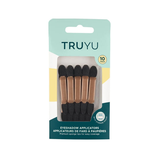 QVS TRUYU premium eyeshadow applicators 10-pack with rose-gold dual-ended sponges on white background