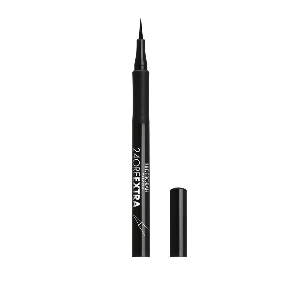 Deborah Milano 24Ore Extra black eyeliner pen uncapped on white background