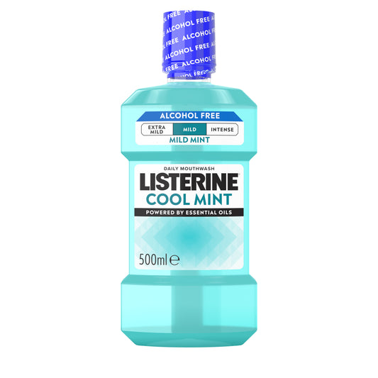 Listerine Cool Mint Mild Taste alcohol-free mouthwash 500 ml bottle on white background