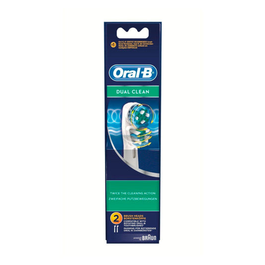 Oral-B Dual Clean replacement brush heads 2-pack, front of box on white