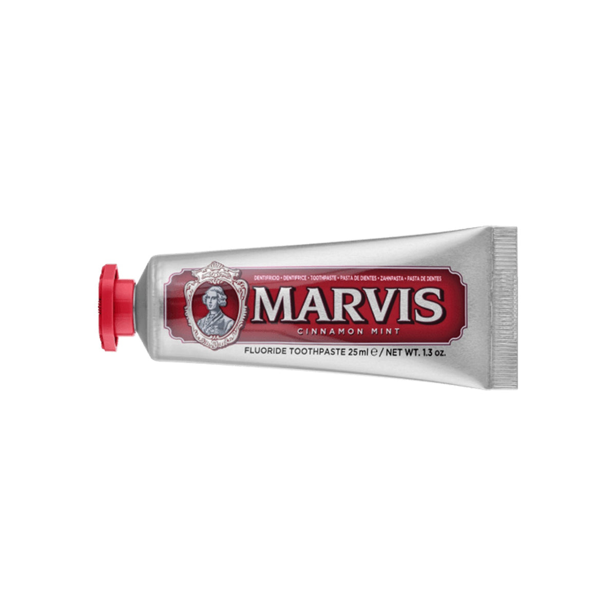 Marvis Cinnamon Mint travel toothpaste 25 ml tube on white background, side view