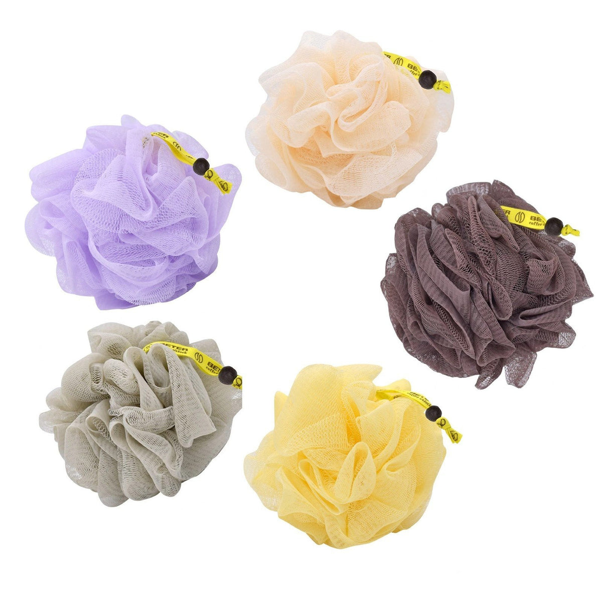 Beter Coffee O'Clock mesh peeling sponges, assorted colours on white