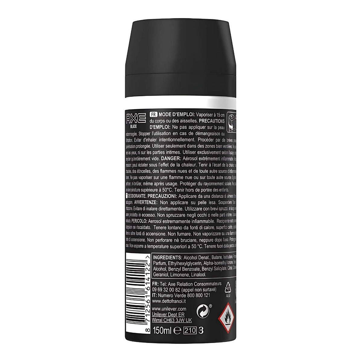 Axe Black Deodorant Body Spray 150 ml ingredients label