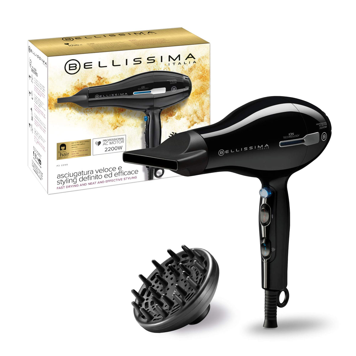 Imetec Bellissima Professional P2 2200 – Ionic AC Hair Dryer with Diffuser & Cool Shot (Black)