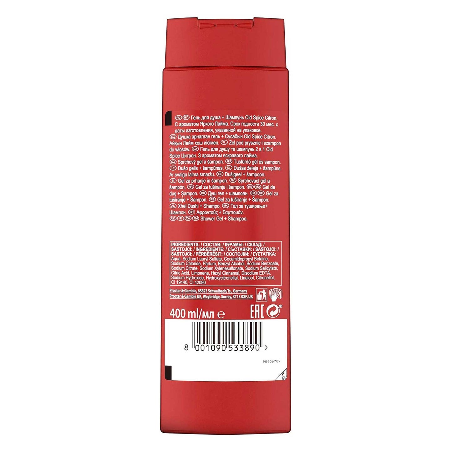 Gel douche 2 en 1 Old Spice Citron – Gel douche rafraîchissant pour les cheveux et le corps (400 ml)